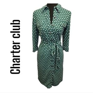 Charter club green geometrical polo button front shirt dress sz petite sm